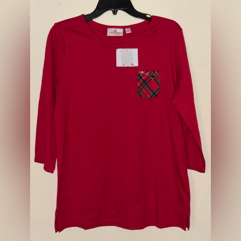 Quacker Factory Women’s Red Plaid Artsy Christmas Shirt Top Rhinestone